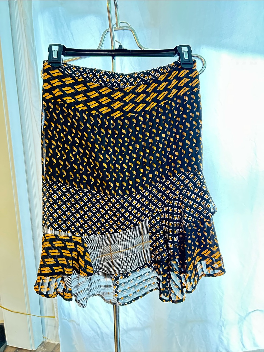 ESQUALO Navy and Mustard Mixed-Pattern Ruffle Midi Skirt